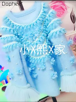Princesė Kalėdų Blue Pearl Megztinis Ponios 2022 Naujas Mados Rankų darbo Nėriniais ir Gėlių Vyšnių ilgomis Rankovėmis Vilnos Megztiniai Moterims