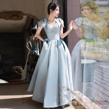 Grakštus Satino Garsenybių Suknelės Dangus Mėlynas Lankas Perlai O Kaklo Imperijos Princesė Moterų Vestuves Keltas Kamuolys Oficialų Vakare Chalatai