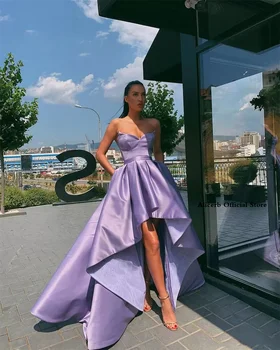 Satino Aukštas Žemas Vakarinę Suknelę Royal Mėlyna Violetinė Prom Dresses 2022 Elegantiškas Ruched Stebėjimo Nėriniai-Up Atgal Įžymybė Vakare Chalatai