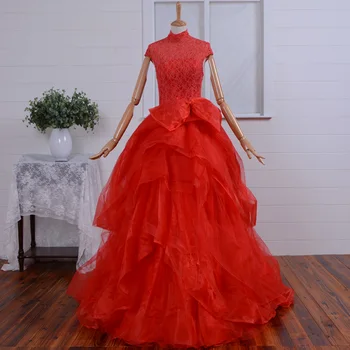 raudonos nėrinių Prom 2018 aukšto kaklo vestido de festa nekilnojamojo nuotraukos vakaro suknelė bžūp rankovėmis lankas organza pakopų motina nuotakos suknelės