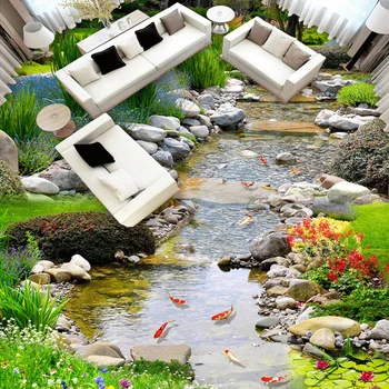 Pritaikyti 3D Foto Tapetai, Grindų Kaime Upelis Su Gėlių Ir Augalų Grindų Freskomis PVC Dėvėti neslidus Vandeniui Medžiaga